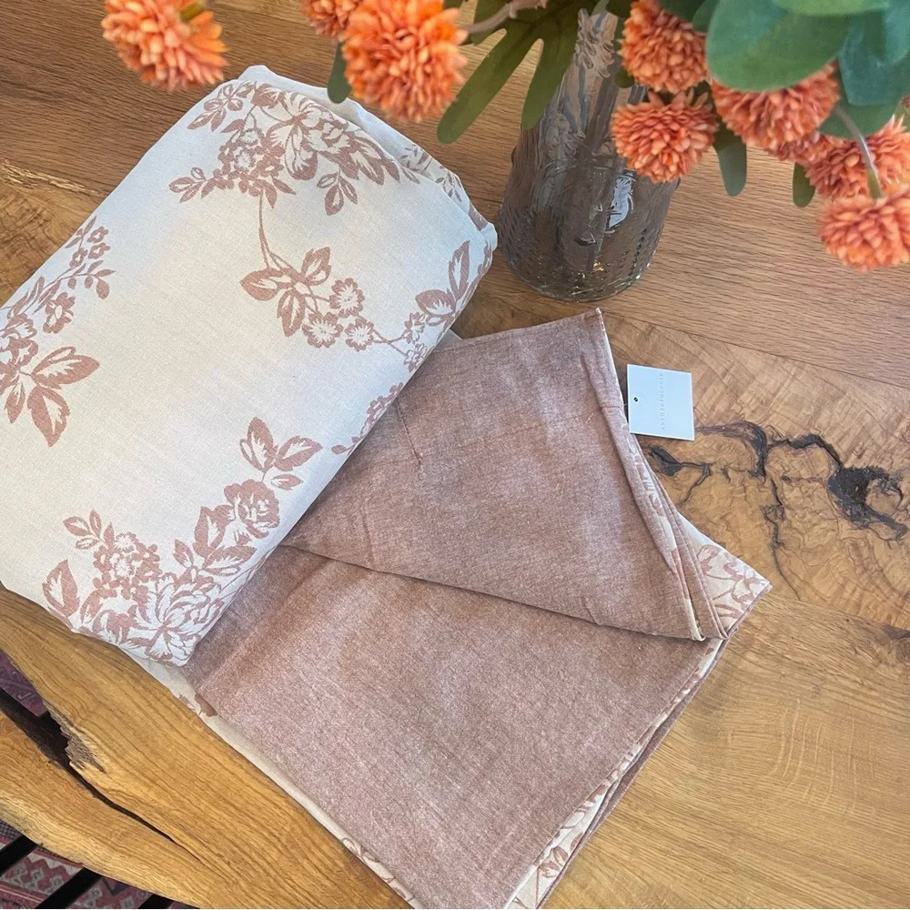 NEW Anthro Pink Floral Jacquard Queen King Linen Cotton Bedding Duvet & Sham Set
